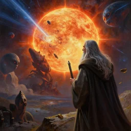 a beautiful painting of gandalf watching a huge meteorite destroy an alien world with dual suns, ray traced lighting by jean kalin popov and greg rutkowski