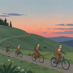 a few sloth friends, riding their bicycles down the hill, dreamy landscape, sunset, in the style of michael sowa
