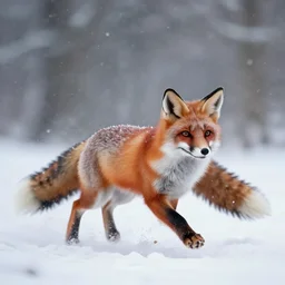 a fantasy artwork of a red fox running fiercly in the snow during a blizzard
