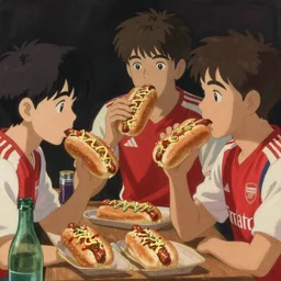 a painting portrait of arsenal players eating hot dogs, studio ghibli,