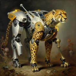 highly detailed portrait of an humanoid robotic cheetah mecha, painting by gaston bussiere, craig mullins, j. c. leyendecker, lights, art by ernst haeckel, john william godward, hammershøi,