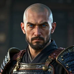 hyper - realistic + photorealistic render with very extreme intricate details, of a balded short bearded man wearing a samurai armor, short blue eyes, in the style of final fantasy 1 5, digital game - art by ross tran, movie composition by sana takeda, dramatic cinematic lighting by greg rutkowski