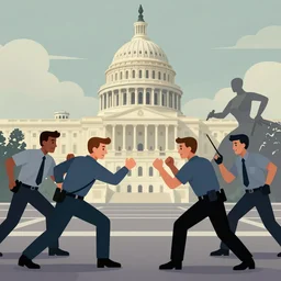 a color illustration of 1 0 0 irs agents fighting in dc but where is waldo, hr giger, felix kelly, digital art, muted colors, artstatin