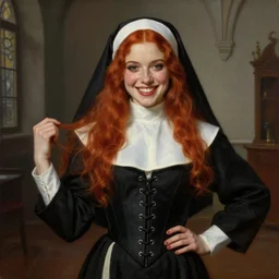 daily life portrait of a beaming young provocative redhead wearing corset nun inside a convent. highly detailed painting. art by artgerm and greg rutkowski