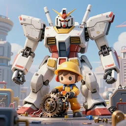cute mechanic wearing coveralls working on part of a giant mecha, sci - fi, gundam, wide shot, 3 d render, realistic, detailed, gears, wires, cables, gadgets