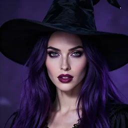 an insanely detailed portrait of a beautiful witch that looks like megan fox with long dark purple hair, wearing black witch hat, beautiful detailed eyes, in the style of peter mohrbacher, artgerm, dramatic lighting and composition, octane render, trending on artstation, concept art
