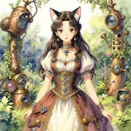 central asian woman with cat ears, wearing a lovely dress in a steampunk garden. this watercolor painting by the award - winning mangaka has impeccable lighting, an interesting color scheme and intricate details.