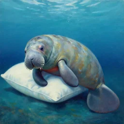 manatee, sleeping on a pillow under the sea, fun, wacky, realistic oil painting