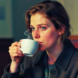 portrait of a heroine drinking coffee, colorful,vivid, Mads Berg, Karolis Strautniekas,small finely stippled light, dramatic lighting,fine texutre, editorial illustration, detailed, matte print, dynamic composition,moody, cinematic, film grain,perspective
