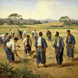 a painting of japanese immigrants in a farming community in brazil in 1 9 0 9 by greg rutkowski