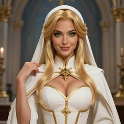 Pretty Female Cleric, white robes, golden details!, church background!, golden hair, green eyes, light brown skin!, detailed face, cute smile, sexy, DND, D&D, low fantasy, by WLOP, Stanley Artgerm Lau, frank frazetta, Rossdraws, James Jean, artgerm, trending on Arstation, artstationHD, artstationHQ, cgsociety, HD 16K, extremely detailed, face details!, NO EXTRA ARMS!, pose
