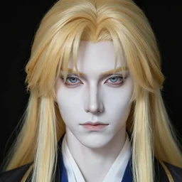 realistic detailed face portrait of Alucard Trevor Belmont long blond hair, pale porcelain white skin, very very long luxurious beautiful blond hair, by Alphonse Mucha, Ayami Kojima, Amano, Charlie Bowater, Karol Bak, Greg Hildebrandt, Jean Delville, and Mark Brooks, Art Nouveau, Neo-Gothic, gothic, rich deep moody colors