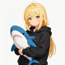 a blonde girl in a black hoodie holding a blue-shark-stuffie, anime style digital art