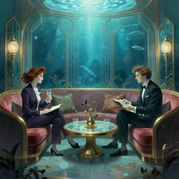 beautiful Peter Mohrbach and Mark Keathley highly detailed illustration of an underwater art deco lounge