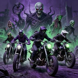 motorbikers race in hell, horror art, purple and green hour, by beksinski, szukalski, giger, pyromallis, dzo, iris compiet, seb mckinnon, digital art, highly detailed, intricate, sharp focus, trending on artstation hq, deviantart, pinterest, unreal engine 5, 4 k uhd image