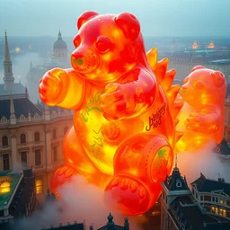 a stunning photography of giant translucent colorful 1 0 0 feet high gummy bears destroying budapest, gozilla size, cinematic footage, by denis villeneuve, ridley scott