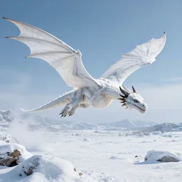 a white dragon flying over a snowy landscape