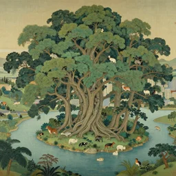 landscape of a city made inside giant trees surrounded by various fauna and flowing clear waters, soft lighting, traditional painting, very detailed, realistic