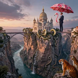 masterpiece, giant, precipice, summit, bridge, river, surreal, serpents, dusk, bridge, basilica, time, flamingo, suit, umbrella, floral, tigers, surreal, fantasy, by andreas franke and santiago calatrava, rhads, digital art, highly detailed, artstation, 8 k hdr