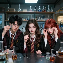 Three friends working in a magic laboratory, one of the friends is a young man with black hair and round glasses, the second friend is a beautiful young woman with brunette hair, the third friend is a cute goth girl with red hair and she does not wear glasses, wide angle photography, highly detailed and intricate, rule of thirds, color theory, magic laboratory setting, soft lighting, photo photo