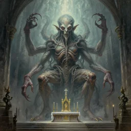 monstrous and twisted cathedral with an altar that has a statue to many eyed and four armed cthulhu. in the style of hr giger and zdzisław beksinski piranesi gloom misty glow oil painting biomechanical