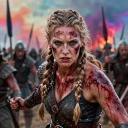 Ultrawide realistic photo of a bloody fierce viking woman, leading a battle, battle-scarred mind-blowing details, highly detailed face, ethereal, ominous, scarred, highly detailed, viking attire, cinematic, 16k, 1080s,  smooth, sharp focus, by Stanley Artgermm, trending on DeviantArt, trending on ArtStation, full of color, digital art, Vibrant colors, Smooth gradients, High contrast, depth of field, shot on Canon Camera