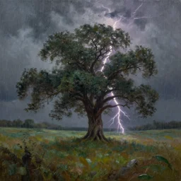 A beautiful, highly-detailed oil painting of a rainy landscape; with lightning striking a lonely oak tree