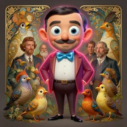 anthropomorphic highly detailed group portrait of funny mr bean neon giant cute eyes darwin's finches, intricate, elegant, digital painting, artstation, concept art, smooth, sharp focus, art by artgerm, bob eggleton, michael whelan, stephen hickman, richard corben, wayne barlowe and greg rutkowski and alphonse mucha, 8 k