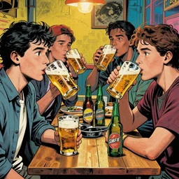 a group of friends drinking beer, comic art, highly detailed, colorful