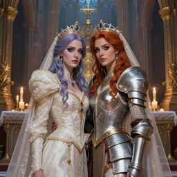 lesbian wedding picture of cryomancer and paladin, in a highly detailed holy temple, altar, candles, beautiful memories, high fantasy, colorful, highly detailed faces, high details, ornamental, exquisite, sharp focus, chiaroscuro, dnd, digital painting, by rossdraws
