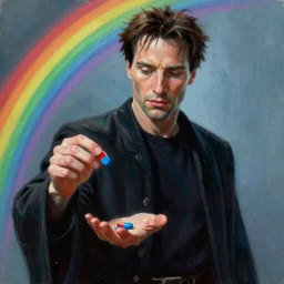 ultra realist and ultra intricate detailed soft painting render of Marlon Brando as Morpheus offering Neo red or blue pill in the Matrix, focus, rainbow lighting, award winning, trending in cgsociety artstation deviant art, octane render,by Tom Bagshaw