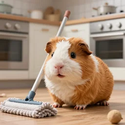 a cute stuffed Guinea pig that wipes the kitchen floor with a mop. Detailed digital art by greg rutkowski, Thomas kinkade, Keith Parkinson, artstation, cgsociety, deviantart, 8k, HD