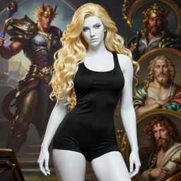pinup poster of Reinhardt Overwatch by J.C Leyendecker and Peter Paul Rubens, porcelain white skin, tight black tank top and shorts, voluptuous male, long luxurious light blond hair, long fluffy blond hair, league of legends splash screen, hyper detailed background, 4K, artstation