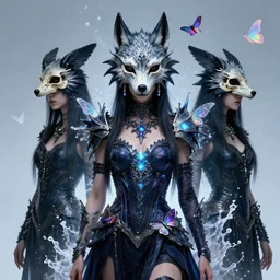3 d goddess medium shot portrait with raven skull. beautiful intricately detailed avante garde wolf mask and electro sorceress outfit. neon moths, bio luminescent, frost, splash,, creature, artwork by tooth wu and wlop and beeple and greg rutkowski