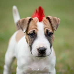 a bull terrier puppy with a red mohawk, in - frame