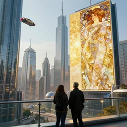 a city in the future | tall skyscrapers | flying cars | giant digital billboards | a couple stands on a balcony in the foreground | they look out over the futuristic city this is also our pov | by greg rutkowski alphonse mucha gustav klimt mel ramos and john berkey | golden ratio