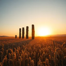 photograph of an obsidian pillars in a grain field, golden hour