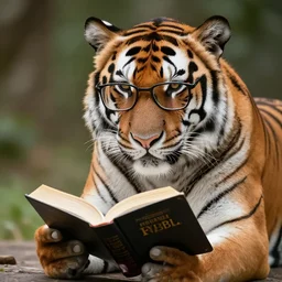 dslr photography tiger wearing glasses reading the bible
