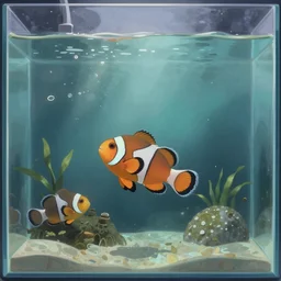 A beautiful matte painting of aquascape under water in glass aquarium with a single Clown FIsh floating unsidedown, by Mark Simonetti, Tyler Edlin, and Makoto Shinkai, trending on artstation:5, fog:-4