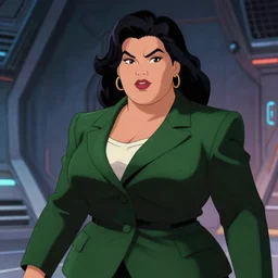 alluring heavy filipina woman character portrait, by don bluth, fully - clothed, wearing dark - green blazer, sci - fi environment, highly detailed, dynamic shadows, 4 k, wallpaper - 1 0 2 4