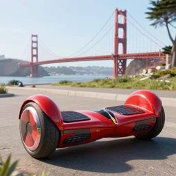 concpet art featuring a futuristic red hoverboard in the style of a ferrari at golden gate park. bridge in background. fine detail. surf. this 4 k hd image is trending on artstation, featured on behance, well - rendered, extra crisp, features intricate detail, epic composition and the style of unreal engine.