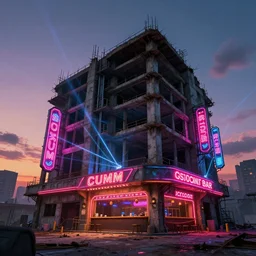 a beautiful photorealistic render of architecture urbex monument unfinished building by john howe, at dusk neon signs at night anime neon noir scumm bar cgsociety steampunk laser sunset, archdaily, wallpaper, highly detailed, trending on artstation.