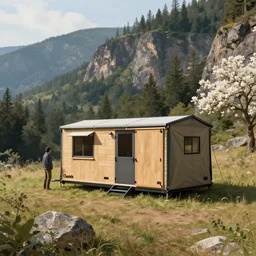 cabela's outdoors popup micro - compact modular home, quick assembly, utilitarian, glamping, airbnb, temporary emergency shelter, person in foreground, cliffside mountainous forested wilderness open fields, beautiful views, photorealistic painterly advertising concept art, sharp focus, joanna gaines, farmhouse, magnolia, architectural concept art painting