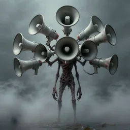 megaphones. a very thin tall huge creepy humanoid with several megaphones instead of a head. megaphones, megaphones! character concept art, extremely high details, octane render, fog, horror, artstation contest winner, art by dariusz zawadzki, simon stalenhag. masterpiece