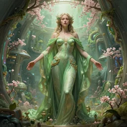 portrait of Sarah Michelle Gellar as a  everreaching Goddess of despair, a futuristic diety, inside future fighter, sci-fi, fantasy, intricate, lush garden spaceship with sakura season flowers, elegant, human anatomy, royal green and nature light, highly detailed, digital painting, artstation, concept art, smooth, sharp focus, illustration, art by tian zi and WLOP and alphonse mucha, masterpiece, 3d blender