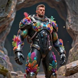 octane render portrait by wayne barlow and carlo crivelli and glenn fabry, focus on a giant muscular man in a skintight shiny black spacesuit with intricate iridescent metal detailing, covered in bright colorful tropical alien flora in front of a giant rocky cave opening, cinema 4 d, ray traced lighting, very short depth of field, bokeh