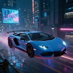 an establishing long shot of a futuristic lamborghini supercar with neon borders on body, flying in the air in a cyberpunk city at night, hologram ads and neon signs on building rooftops, rainy environment, 8 k, hyper detailed, ultra realistic, sharp focus, in the style of blade runner