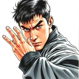 a copic maker manga illustration by yoshiyuki sadamoto and lois van baarle and alphonse mucha of an anime street fighter bruce lee highly detailed eyes detailed face, dynamic tai chi pose by issey miyake and balenciaga 8 k