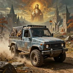 offroad uaz bukhanka of daedric design driving across the rift, painted in orthodox christian style, riften city in the background, epic fantasy, autumn, the elder scrolls v : skyrim, dramatic lighting, establishing shot, by simon stalenhag