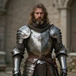 a rustic man wearing medieval armor, bearded, by artgerm